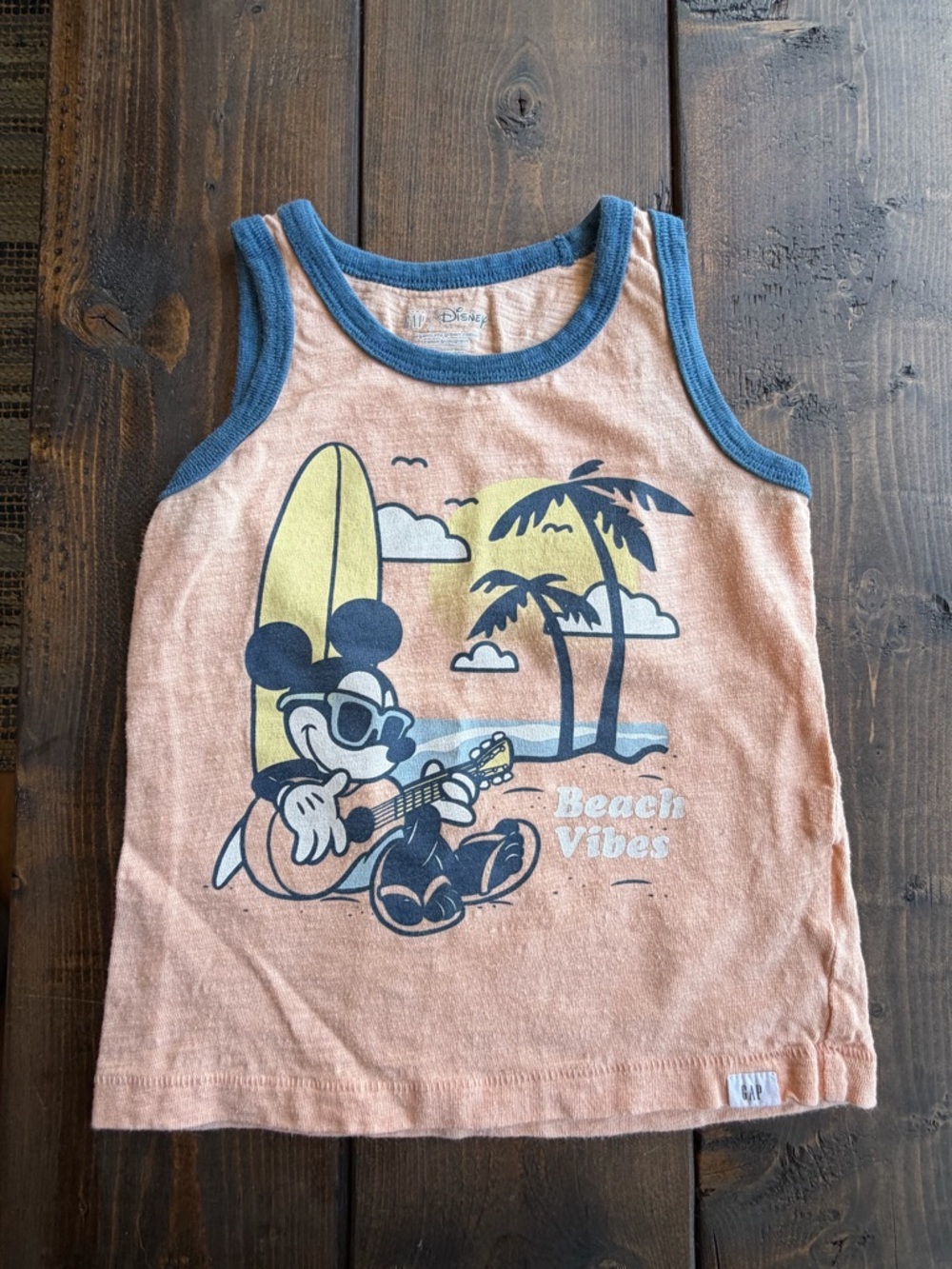 Gap Disney Peach Tank Top with Blue Trim and Mickey Graphic